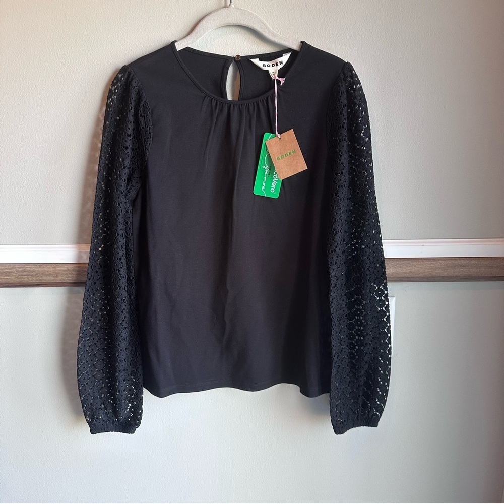 Boden Black Crew Neck Lace Sleeve Top​